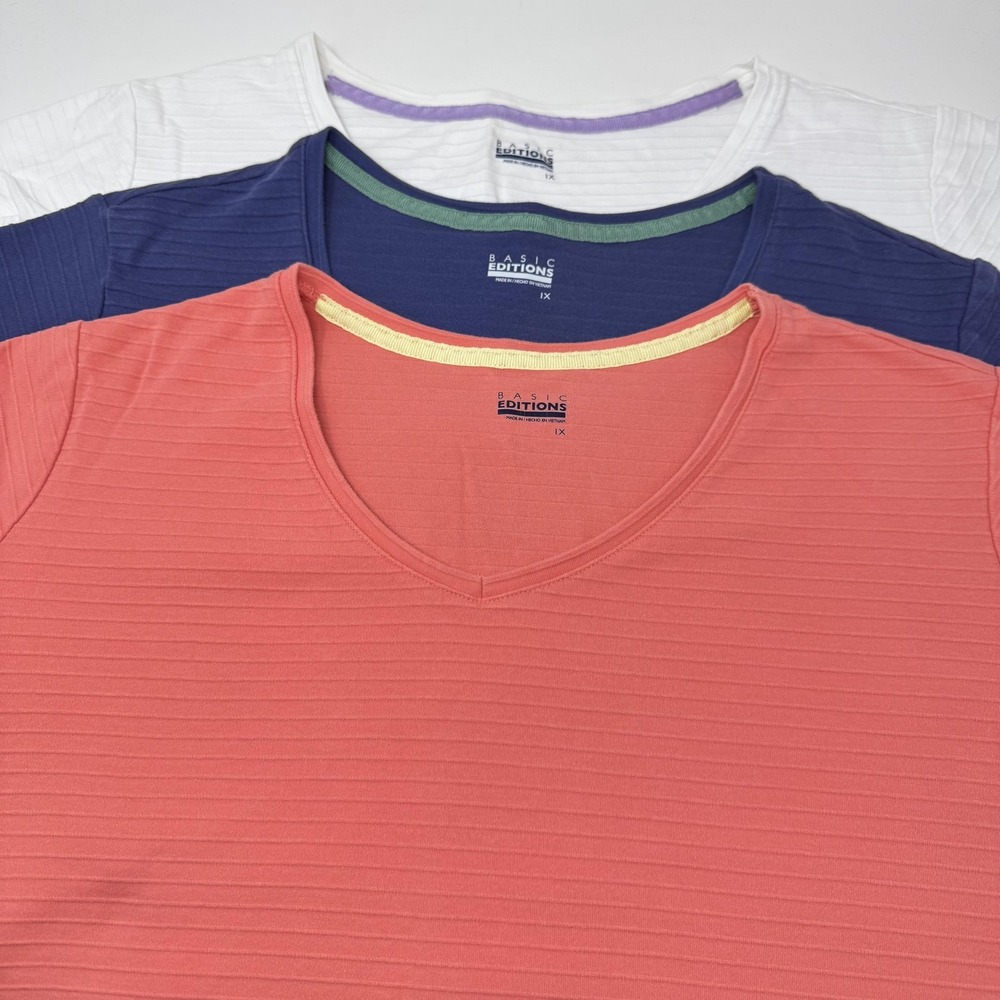 Basic Editions Shirt Womens 1X Multicolor Textured V Neck‎ Short Sleeve Tee Top